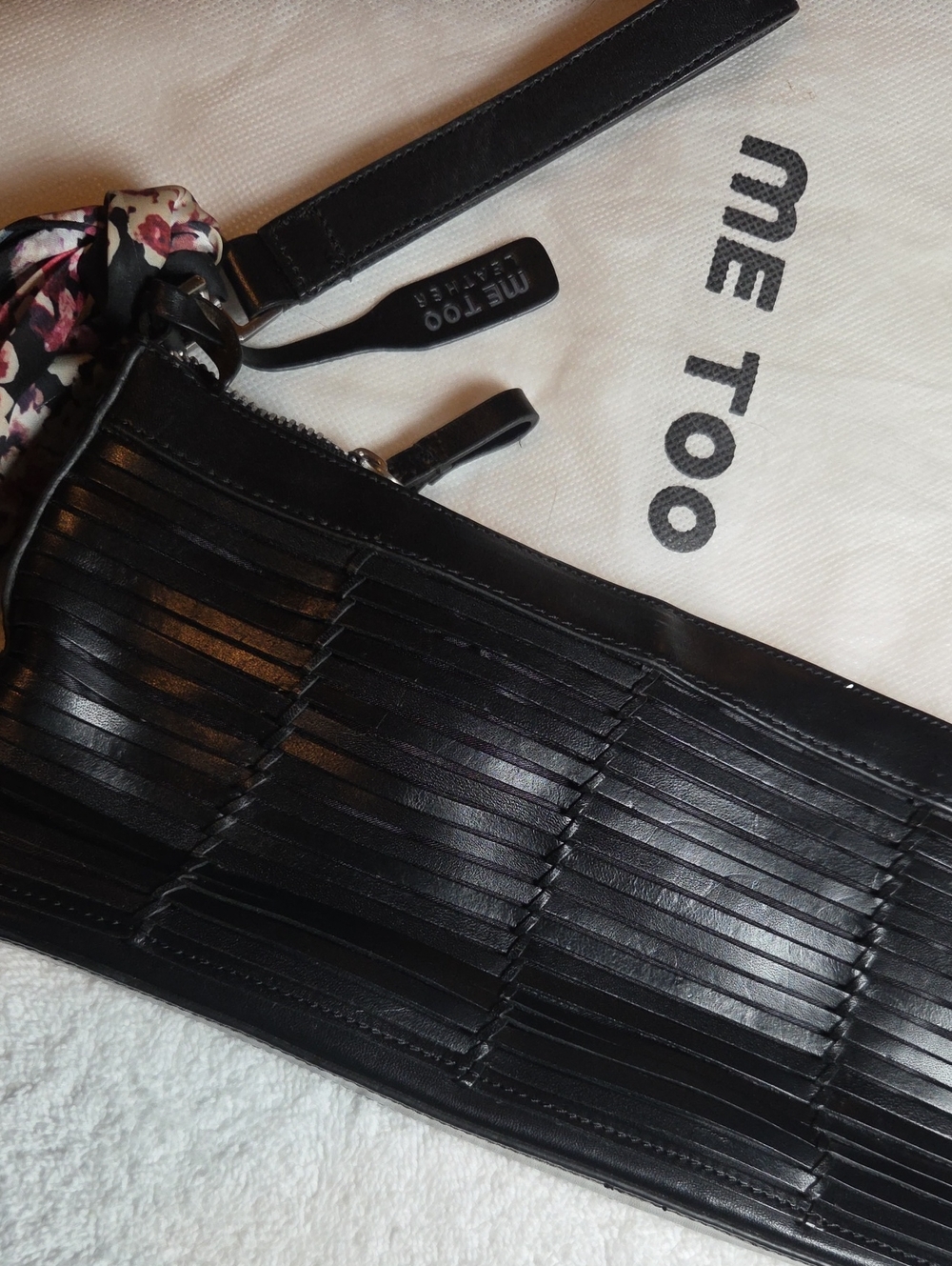 me too Black Leather Fringe Wristlet with Floral Tie
